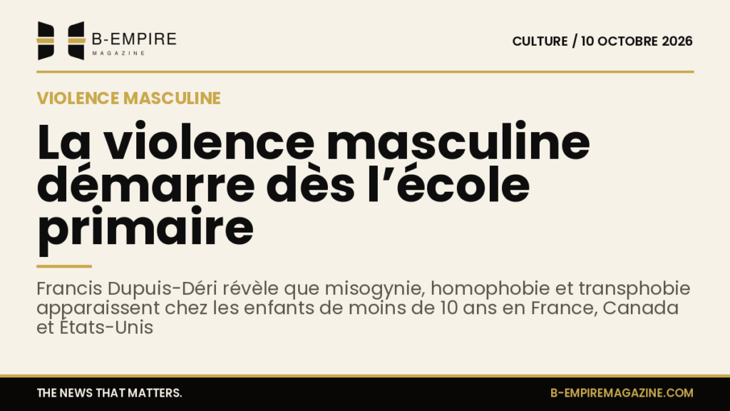 Texte sur fond papier présentant le titre et un résumé sur la violence masculine dès l'école primaire selon Francis Dupuis-Déri.