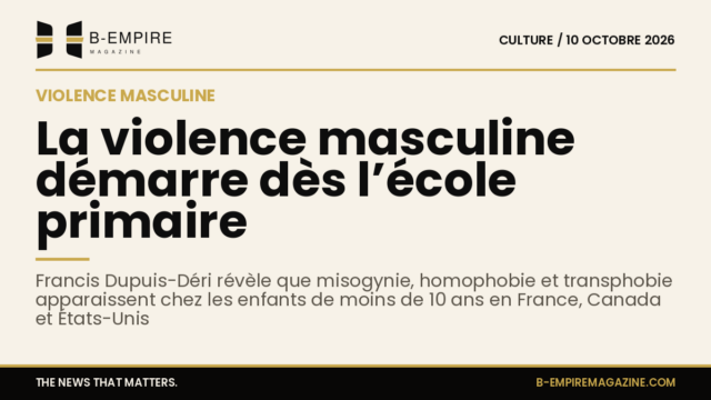 Texte sur fond papier présentant le titre et un résumé sur la violence masculine dès l'école primaire selon Francis Dupuis-Déri.