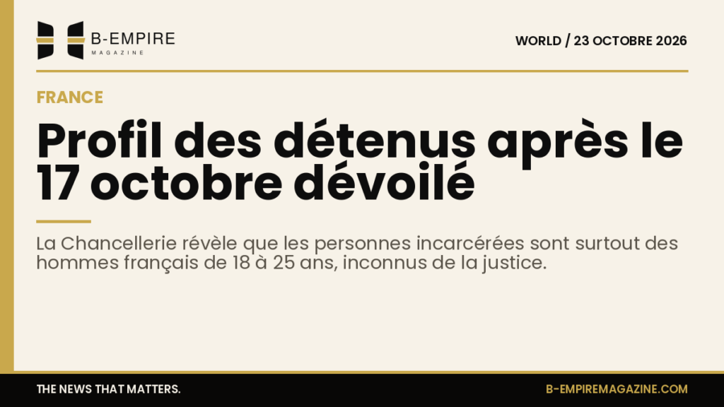 Visuel avec une bande or en haut et un titre en encre sur fond papier indiquant le profil des détenus après le 17 octobre en France