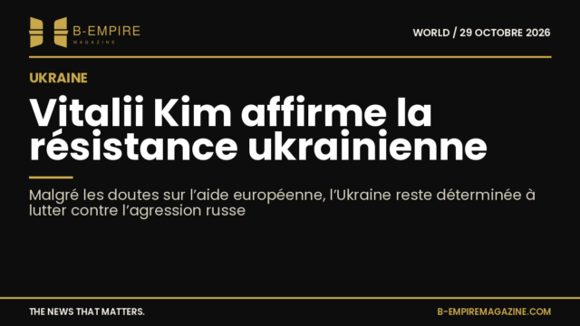 Portrait de Vitalii Kim en interview, fond neutre sombre avec texte blanc et or évoquant la détermination ukrainienne