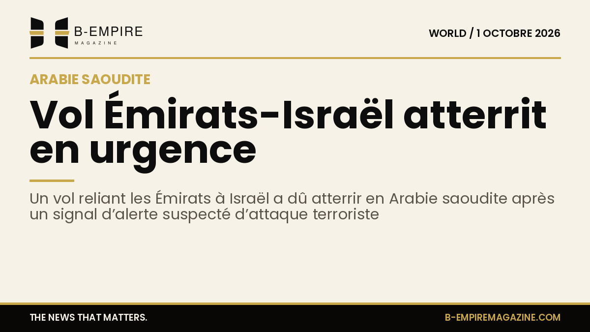 Image stylisée d’un avion volant au-dessus d’une carte montrant les Émirats, Israël et l’Arabie saoudite, avec un point d’atterrissage en Arabie saoudite.