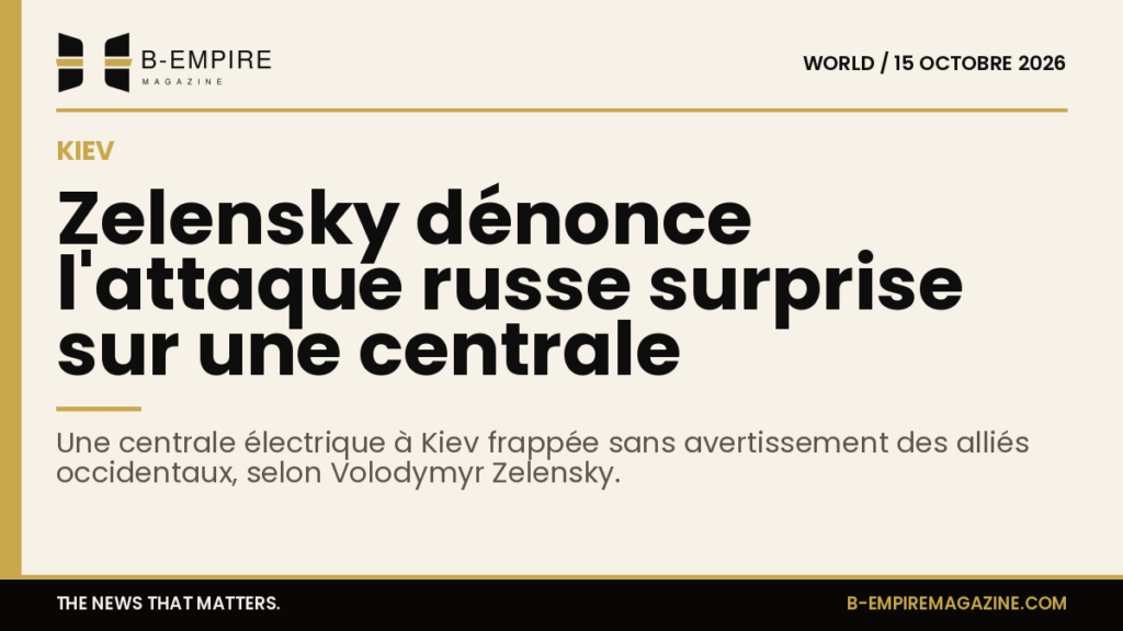 Image stylisée d'une centrale électrique avec un bandeau or sur fond papier, titre en encre évoquant une attaque surprise à Kiev